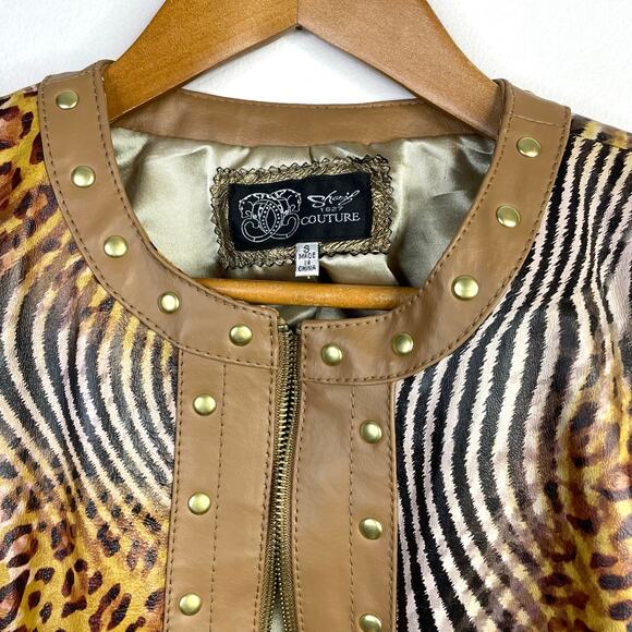 Sharif 1927 Tan Leather Mixed Animal Print Leather Mob Wife Moto Jacket womens S - Picture 3 of 14